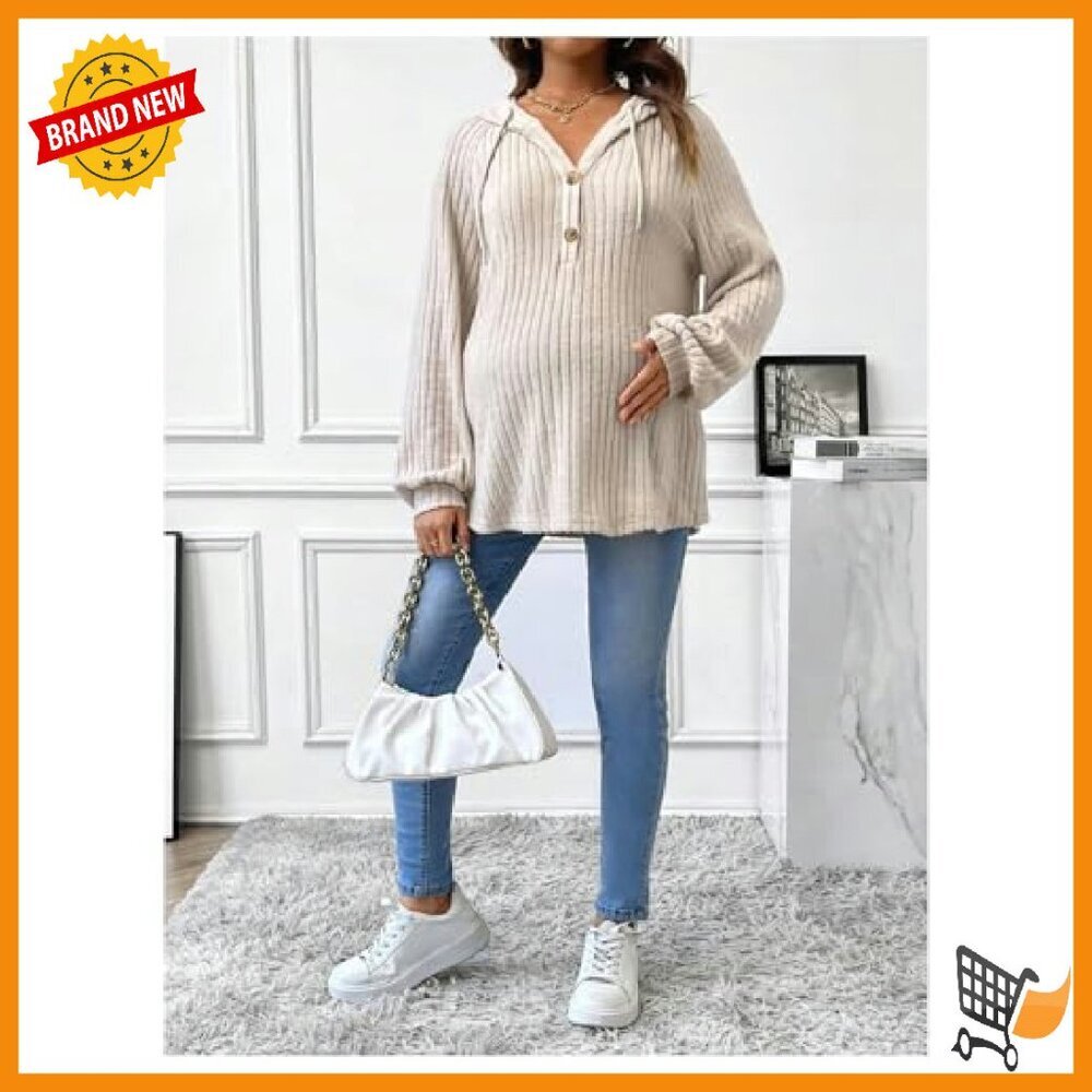 Maternity Half Button Hoodie Long Sleeve Ribbed Knit Sweatshirt Spring - Picture 7 of 7